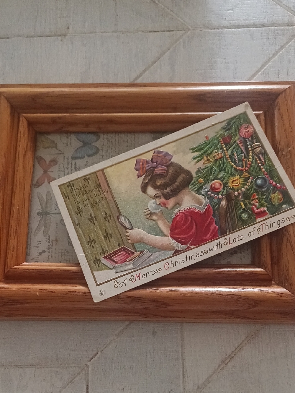 Vintage Postcard Merry Christmas Girl In Makeup Mirror  Sweet Postcard Only